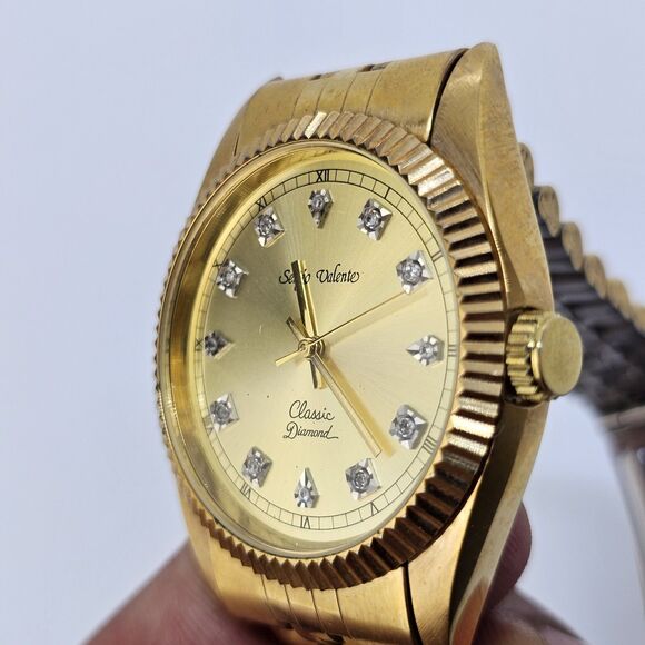 VTG Sergio Valente Watch 36MM Gold Dial Gold Bracelet Diamonds 7.5" NewBattery - Picture 6 of 15